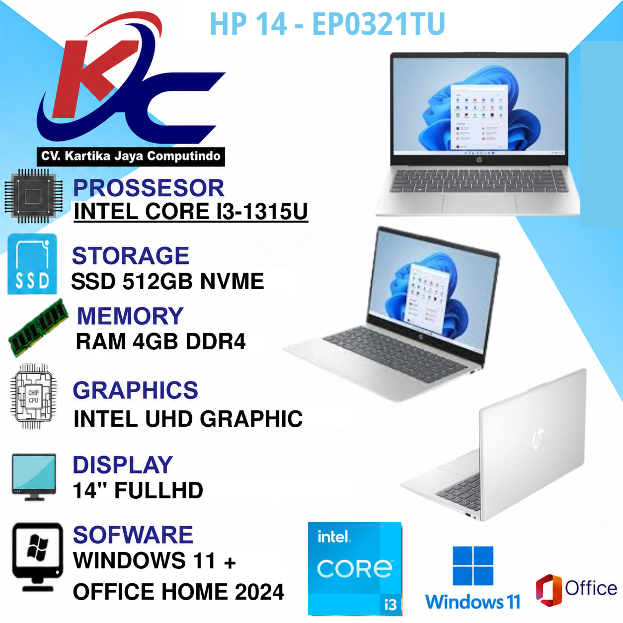 HP 14 - EP0321TU  I3-1315U/ 4GB/ SSD 512GB/ W11 OHS SILVER